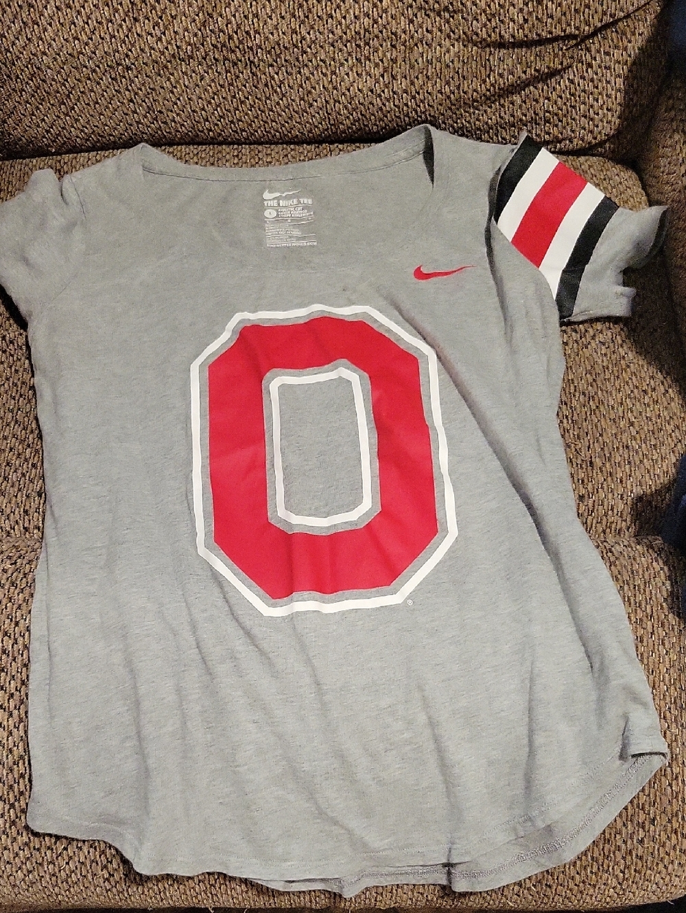 Nike Gray Tee with Red 'O' and Striped Sleeve Ohio State